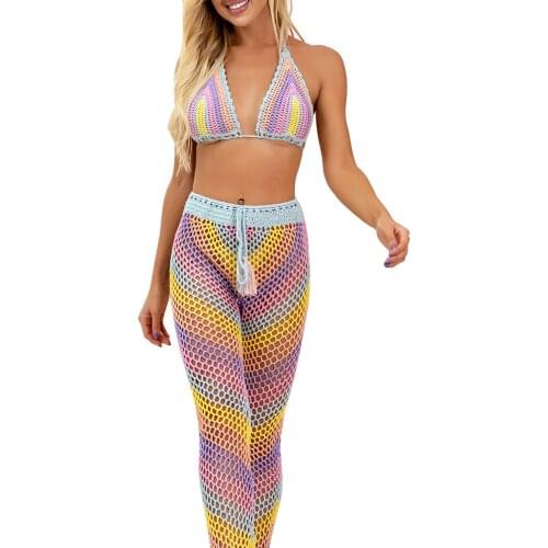 2021 New Hot Sale Ladies Color Handmade Crochet Bikini Suit Backless Triangle Bra + elastic Trousers Swimwear