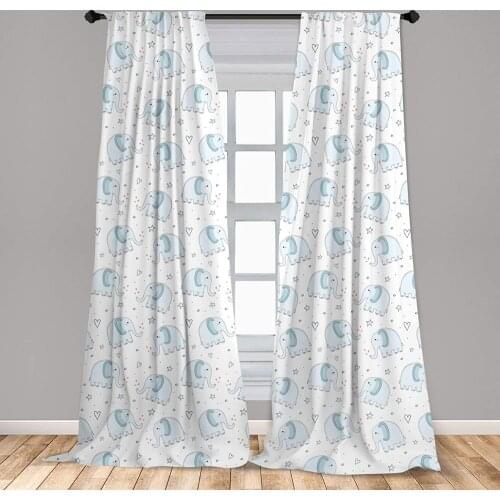 Elephant Window Curtains Cartoon Elephants with Hand Drawn Hearts and Stars Lightweight Decorative