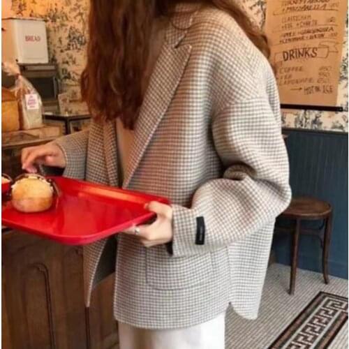 Autumn winter Houndstooth Woolen blazer women notched loose short suit jacket plus size 2XL
