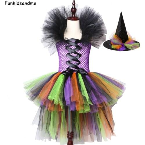 Girls Halloween Witch Tutu Dress Trailing Tulle Girl Carnival Party Dress Children Kids Halloween Evil Witch Costumes Clothes