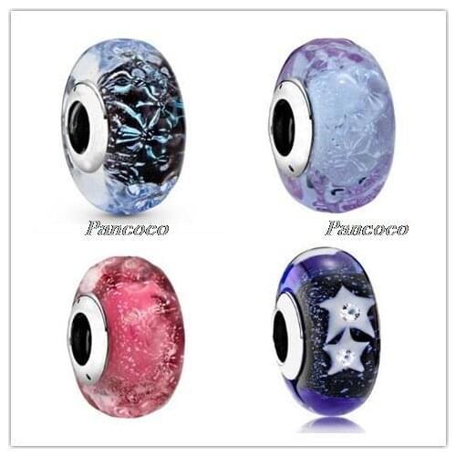 Authentic 925 Sterling Silver Baeds Wavy Fancy Pink & Lavender Murano Glass Charm Fit Pandora Bracelet & Necklace Jewelry