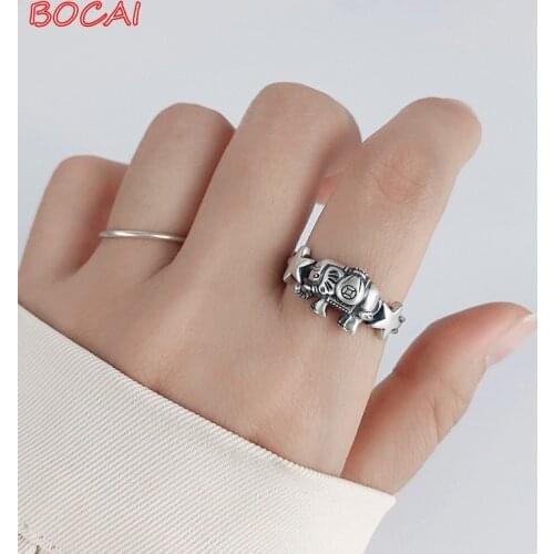 S925 Silver Retro Distressed Craft Womens Live Mouth Adjustable Classical Gift Matte Elephant Rin