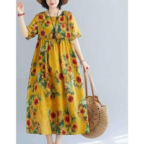 Plus Size Loose Women Dress Short Sleeve Summer Dress Soft Chiffon Beach Casual Dress Print Floral Pattern Vintage Midi Dress
