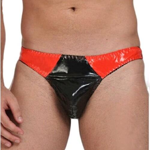 Low Waist Sexy Fashion Male Faux Leather Thong G-String Mens Black Red Contrast Color Underwear Panties ZJH187