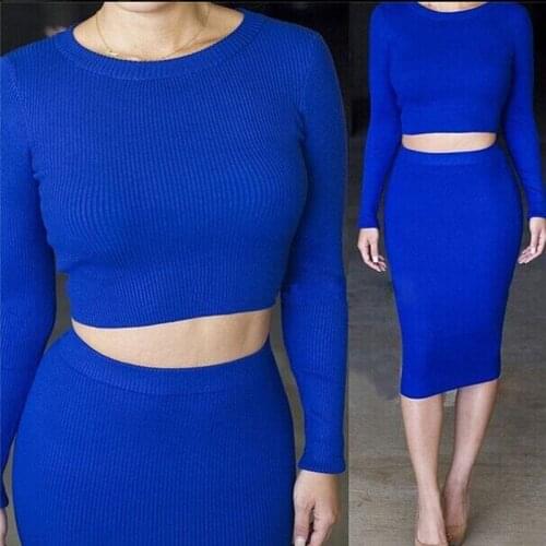 2 piece set women Long Sleeve crop top and skirt set Mid-length Hip-wrapped Skirt Tracksuits