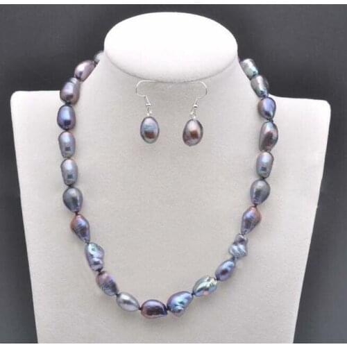 Women Jewelry set 12x13mm black gray purple baroque pearl necklace hook earrings natural Cultured freshwater pearl 17'' 43cm