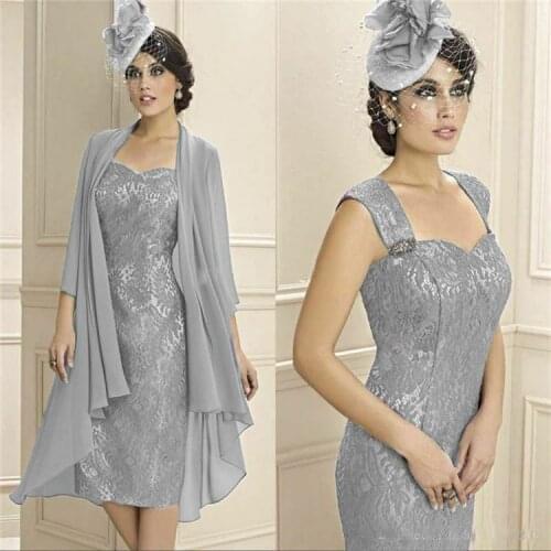 Womens Suit 2 Pieces Mother Pantsuit Sets Elegant Gray Lace Beaded Dress With Jacket Female Plus Size For Wedding Party