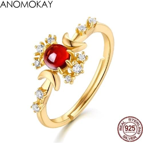 Anomokay Romantic Red Round Crystal Gold Color Women Lover Rings 100% 925 Sterling Silver White CZ Crown Rings for Wedding Party