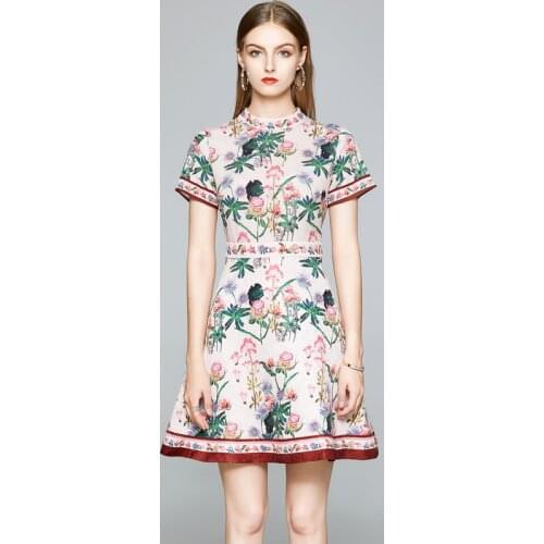 Summer Fashion Stand Up Collar Short Sleeve Dress Office Lady Printed Flower Jacquard A-Line Elegant Above Knee Mini Dress