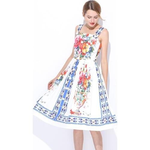 High quality 2019 autumn new womens fashion print sleeveless sling Slim temperament woman dress