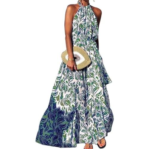 2021 Summer New Style Hanging Neck Print Dress Sexy Leak Back Ladies Leisure High Waist Slim Loose Dress Bohemian Fashion Dress