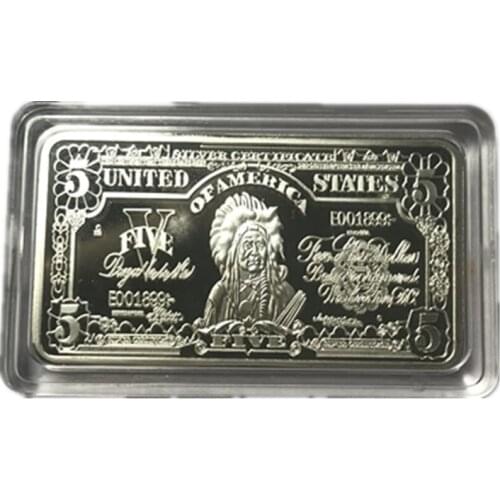 5 pcs pure silver plated 5 dollars ingot 50 mm x 28 mm American badge decoraiton bar drop shipping order acceptable dollar con