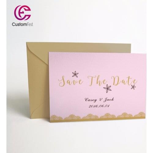 50pcs/lot Personalized Thank you card or save the date card with free envelop pink with gold decoration 046
