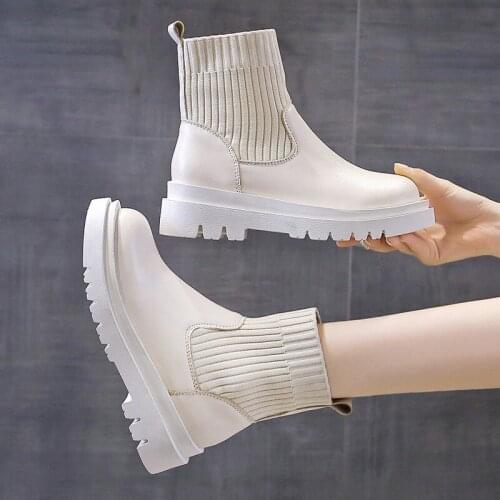 Ankle Boots Woman Slip-On Shoes Woman Fashion Knitted Elastic Round Toe Short Boots Platform Square Heels Leather Boots Women