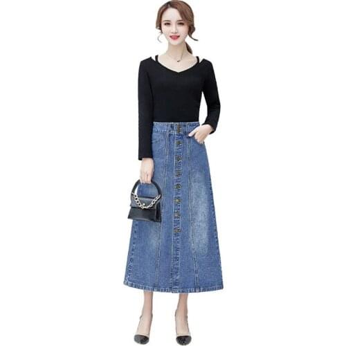 Denim Skirt Women Korean Style Fashion High Waist A Line Long Skirts for Women Vintage Single-breasted Jean Skirt