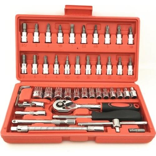46Pcs Car Repair Tools 1/4'' Socket Set Ratchet Torque Wrench Hand Tool Kit Auto Repairing Toolbox
