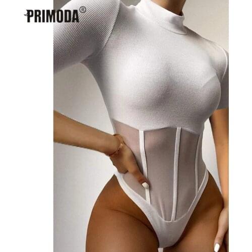 Summer Bodycon Turtleneck Body Short Sleeve Bodysuit Women Transparent Mesh Patchwork Sexy Kintted Bodysuits Party Slim PR2134G