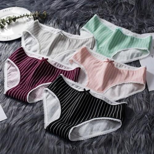 Fashion Comfy Striped Briefs Cotton Breathable Plus Size Ladies Underwear Mid Waist Women Panties With Bow