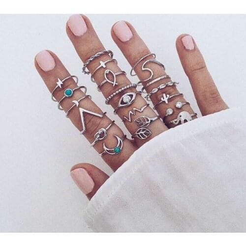 20 Pcs /set Vintage Ladies Knuckle Rings For Womretro Geometric Eyes Moon Knot Combination Ring Set Party Bohemia Jewelry