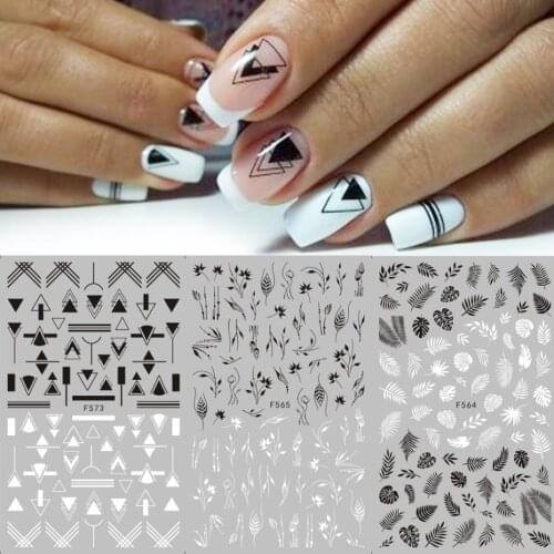 1 Sheet 3D Nail Stickers Love Geometric Black White Leaves Series Art Stickers Decorations For Nails Tips DIY Design Accessories