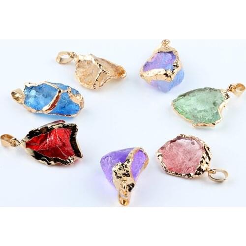 Irregular Golden Metal Edging Rough Gemstone Colorful Crystal Necklace Natural Pendant Quartz Point Healing Stone Long Chain