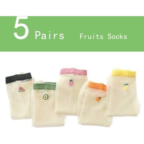 5 Pairs Fruit Socks for summer Ultra-thin Transparent Socks Short Lace Women girl Cherry Avocado Orange Strawberry watermelon