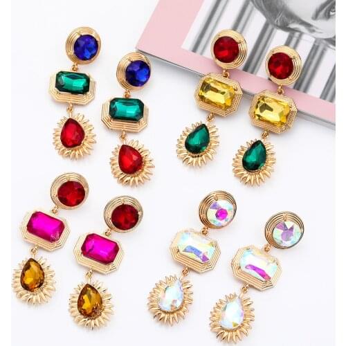Wholesale Fashion Square Metal Colorful Crystals Long Dangle Drop Earrings Fine Jewelry Accessories For Women Christmas Gift