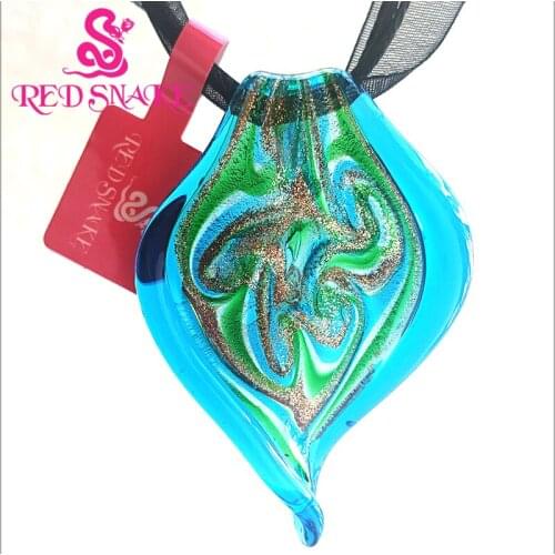 RED SNAKE Blue with Green colors Leaf Drop Abstract pattern Murano Glass Pendant Necklace