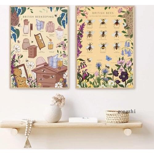 Beekeeping Bees Guide Poster Vintage Insects Wildflowers British Bee Canvas Painting and Prints Farm Wall Art Picture Home Decor