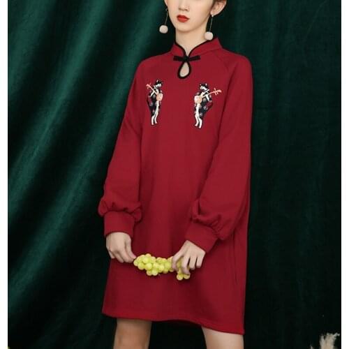 Retro Improved Cheongsam Girls Embroidery Qipao Traditional Modern Cheongsam Long Sleeve China New Year Oriental Dresses 11372