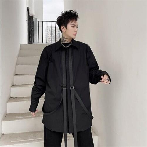 Black Ribbons Long Sleeve Shirts Mens Harajuku Casual Loose Blouses Korean Fashion Streetwear Shirts