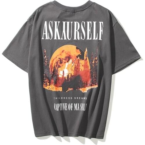 ASK Blood Moon Wolf Glitter Printed Washed Summer T shirt Mens and Womens Short Sleeve Hip Hop Loose Casual T-shirt