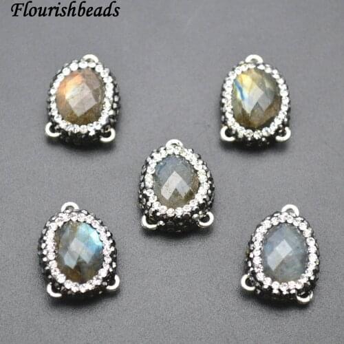 Three Loops Natural Faceted Labradorite Stone Oval Cabochon Jewelry Connectors Paved Black Crystal Beads Necklace links