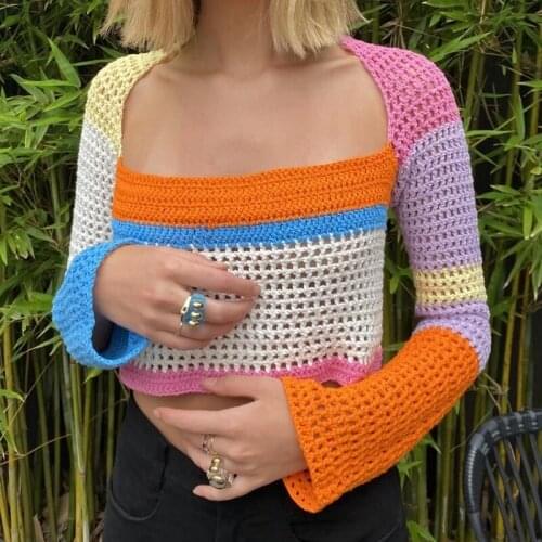 Women Crochet Knit Crop Tops Long Sleeve Color Block Hollow Out Regular Fit T-Shirts