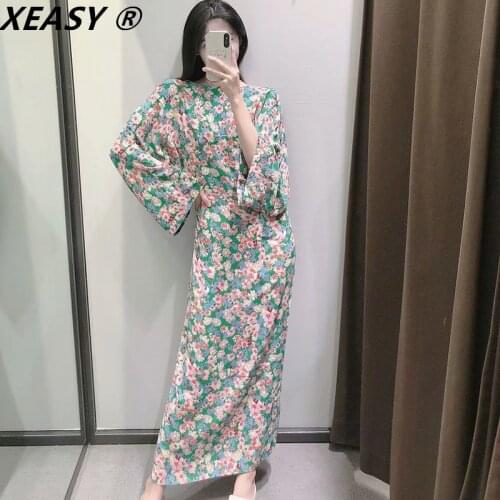 XEASY Women 2021 Fashion Floral Print Slit Hem Midi Dress Vintage Long Sleeve Chic Backless Zipper Female Dresses Mujer