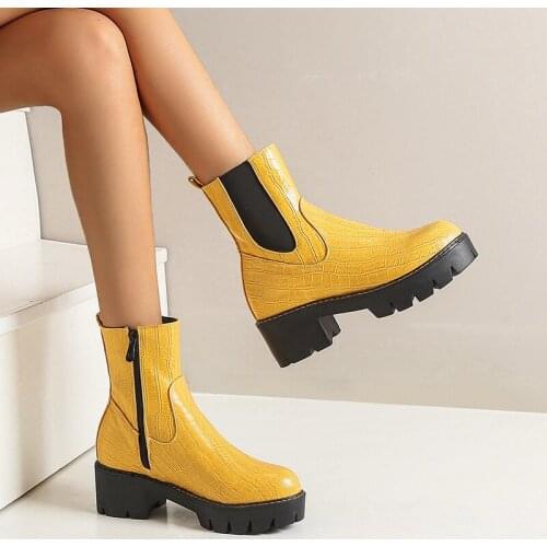 Lady Platform Platform Chelsea Short Boots Ladies Stone Pattern Side Zipper Winter Work Boots Womens Shoes Black Silver Yellow