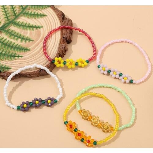 Trendy Ladies Crystal Glass Beads Handmade Beaded Bracelets For Women Girls Gift Korean Style Flower Charm Bracelet Jewelry