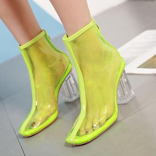 Sexy Transparent PVC Women Ankle Boots High Quality Pointed Toe Crystal High Heels Spring Autumn Zipper Fashion Boots Size 34-40