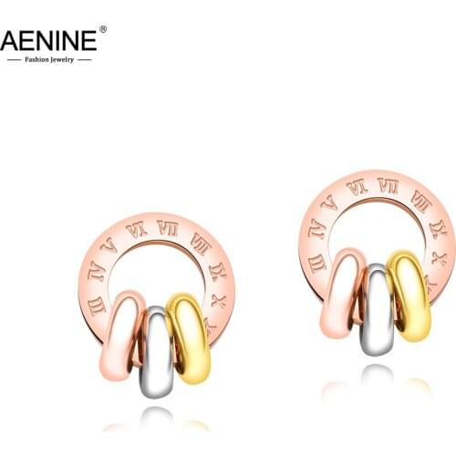 AENINE Three-color Circle Roman Numerals Circle Earrings For Women Titanium Steel Rose Gold Color Female Stud Earrings AE17091