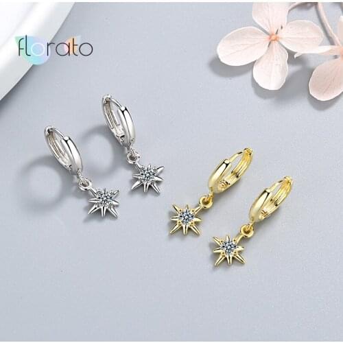 Fashion Star Hoop Earrings 925 Sterling Silver Ear Buckle Crystal Star Pendant Earrings For Women Jewelry Christmas Gift
