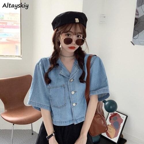 Shirts Women Notched Denim Cropped College All-match Design Summer Ladies Trendy High Quality Solid Retro Korean Style Simple