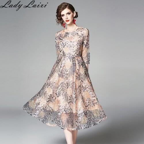 2020 Spring Summer Floral Embroidery Lace Dress Women O-neck Half sleeve Hollow Out Dresses A-line Vintage party work Vestidos