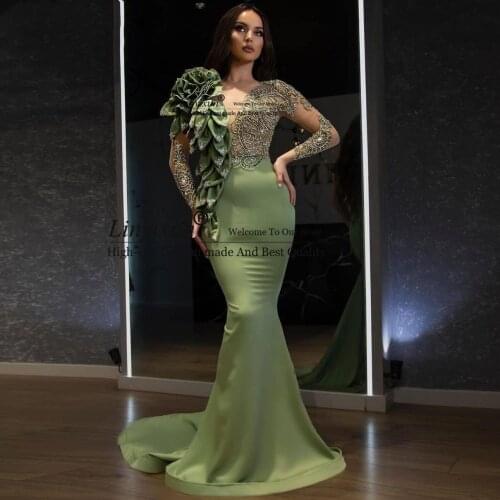 2021 Designer Fashion Mermaid Prom Dresses Long Sleeves Beaded Ruffled Prom Dress Chic Evening Gown Army Green robes de soirée