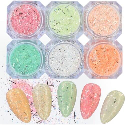 LCJ 6 Colors Mix Glitter Nail Art Powder Flakes Set Holographic Sequins for Manicure Polish Nail Decorations Shining Tips