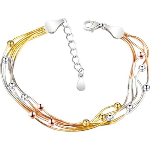S925 Sterling Silver Bracelet Female 18k Color Gold Multilayer Circle Chain Simple Fashion Pure Argentum Jewelry for Women
