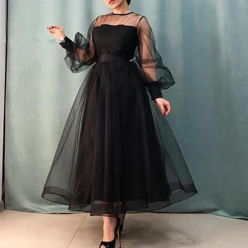 Black Prom Dresses Long Puffy Sleeve Tulle Zipper Formal Evening Party Gowns Beauty Pageant Dresses 2020 Custom Made