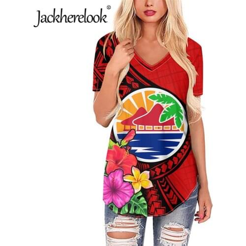 Jackherelook Red Polynesian Hawaii Floral Summer V Neck Short Sleeved Top Womens Casual Loose Large Size T Shirt Blusas Camisas