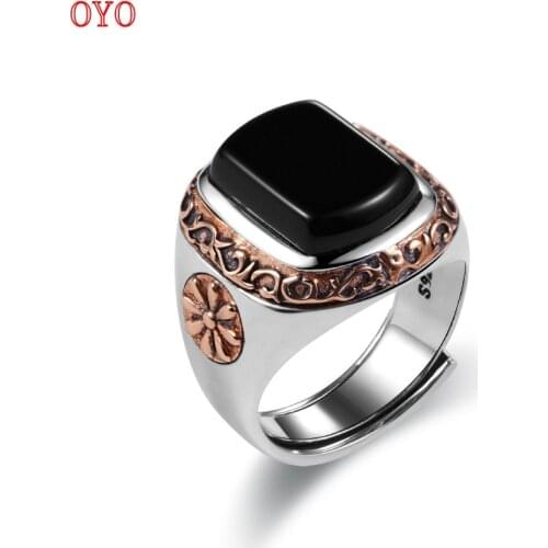 100% 925 silver ring mens single ring adjustable size personality trendy retro black index finger