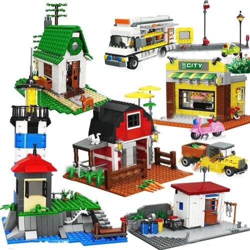 City Town Street View Farm Village Building Blocks Set Shop Wagon Architecture House Model Friends Educational Toys For Children