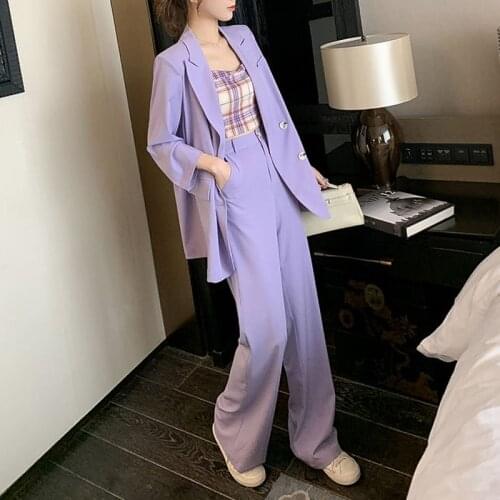 Korean Autumn Fashion Vintage Casual Loose Women Blazer Jackets + High Waist Wide Leg Suits Pants 3 Pieces Set Office Lady Tanks